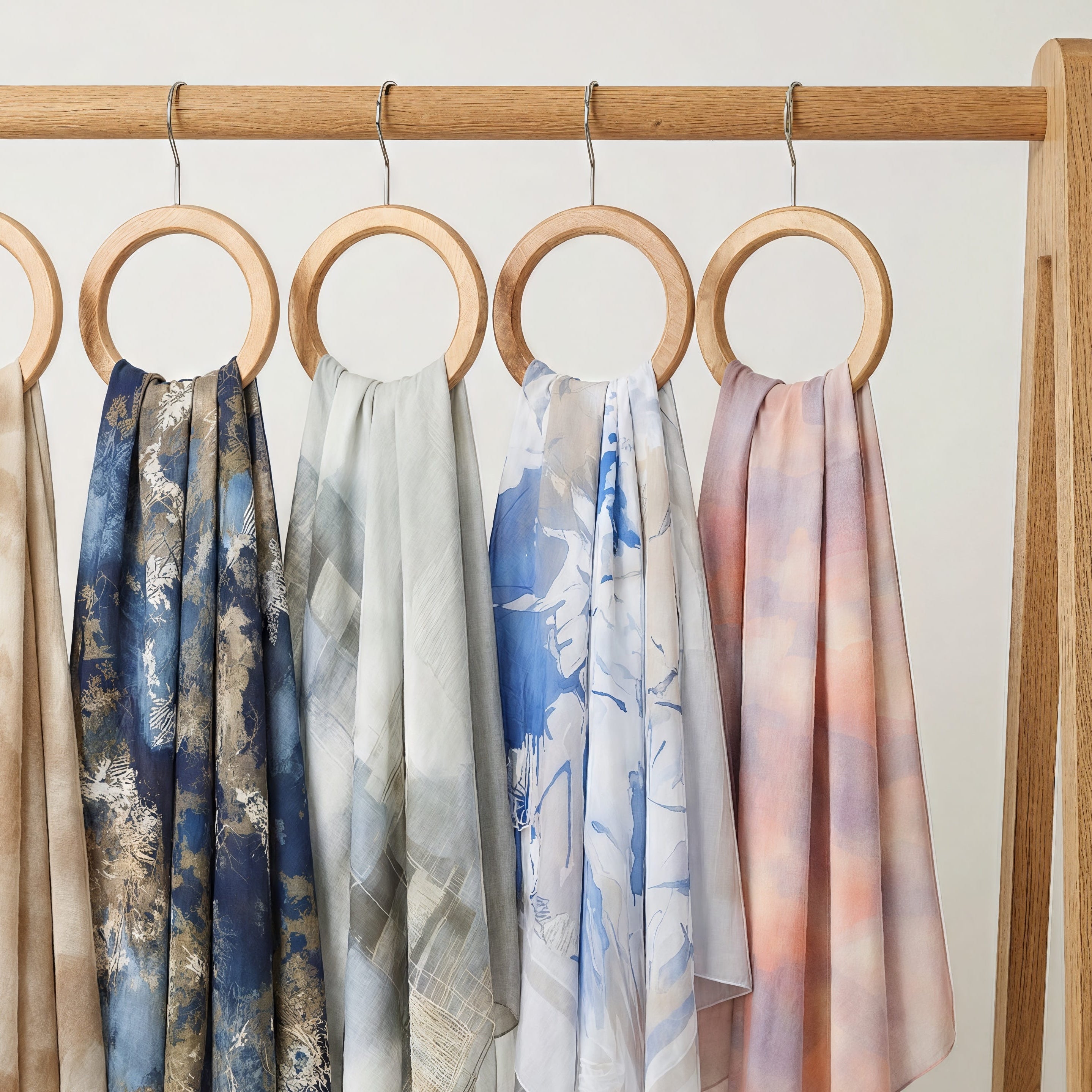 Set of five scarves in different colors hanging on a wooden rack against a white background